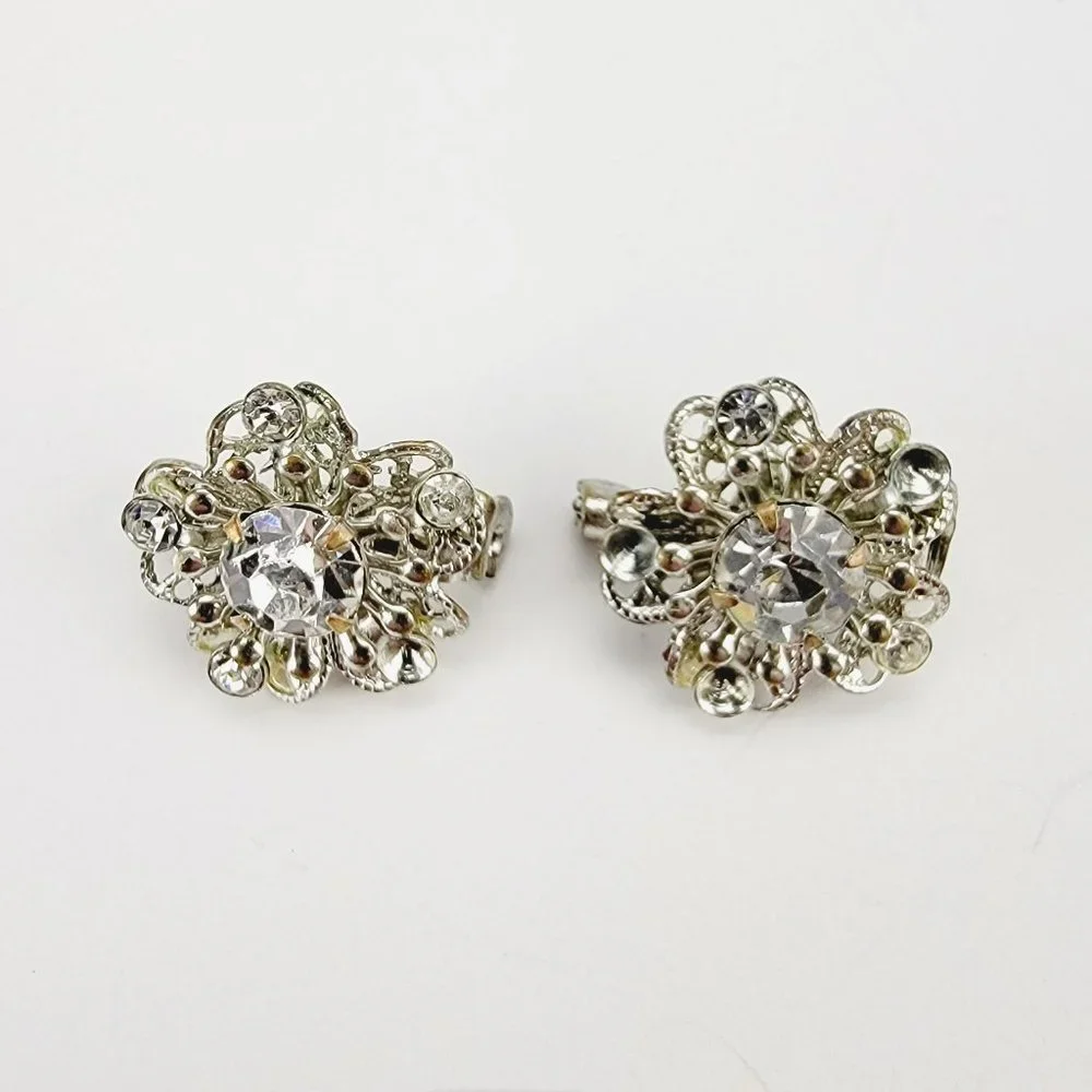 Vintage Silver Tone Rhinestone Flower Filigree Scatter Pins Set of‎ 2 Brooches